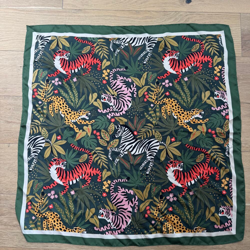 Vibrant Safari Jungle Animal Print Square Scarf - Hunter Green - Picture 2 of 5